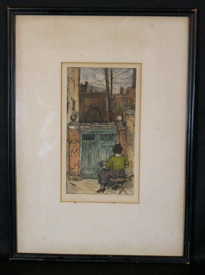 Jerome Myers [Am. B.1867 - 1940]: Etching w/ Aquatint,titled "The Studio Gate" pencil signed lower right, sight size 10" x 5 5/8" framed size 18" x 14". Myers was an Ashcan School Artist known for sympathetic views of Urban landscape