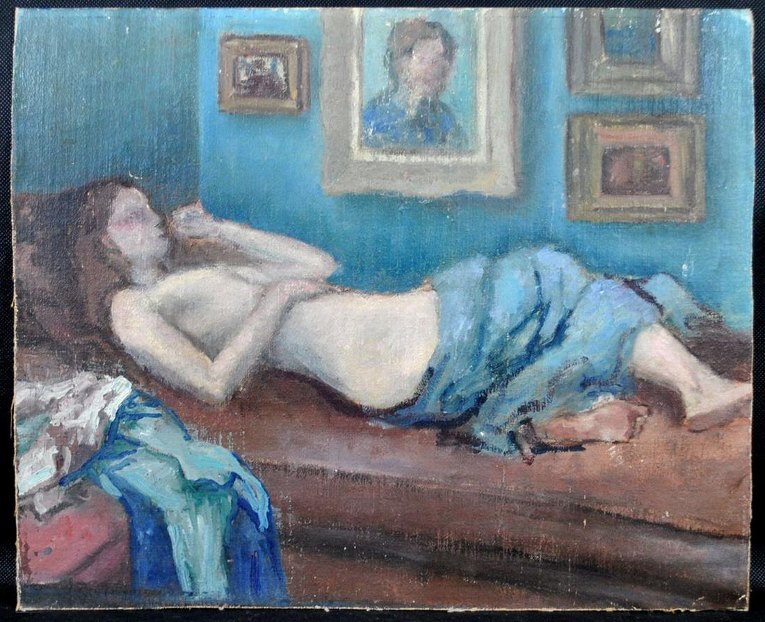 Reclining Nude, Oil, Unsigned: Unsigned oil on canvas, reclining nude, size 15 1/2" x 18 1/4"