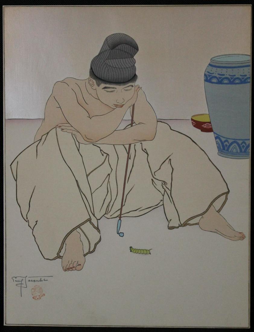 Paul Jacoulet [Fr. 1902 - 1960]: Color woodblock print, mid 20th century, "Le Chenille Verte Coree" unframed, SLL, sheet size 15 1/2" x 12"