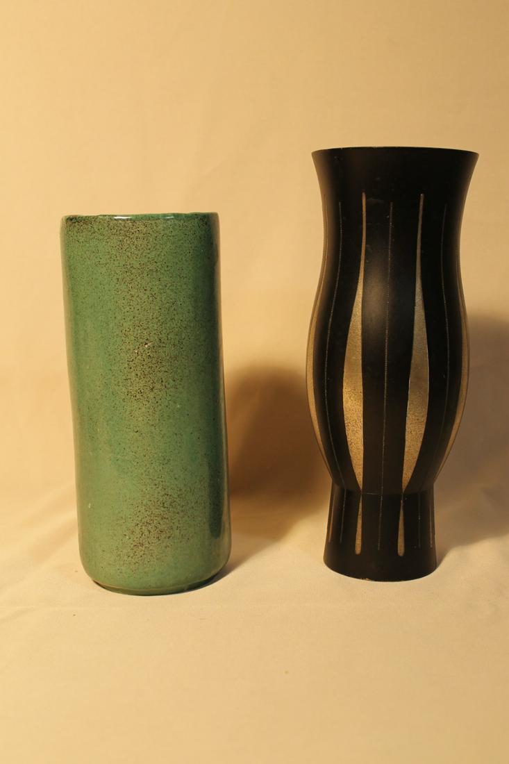 1. Metal painted vase, signature on base, two tone: 1. Metal painted vase, signature on base, two tone metal height 11 1/8" tall2. Green pottery vase or brush pot, 11" tall, unsigned, green speckled glaze