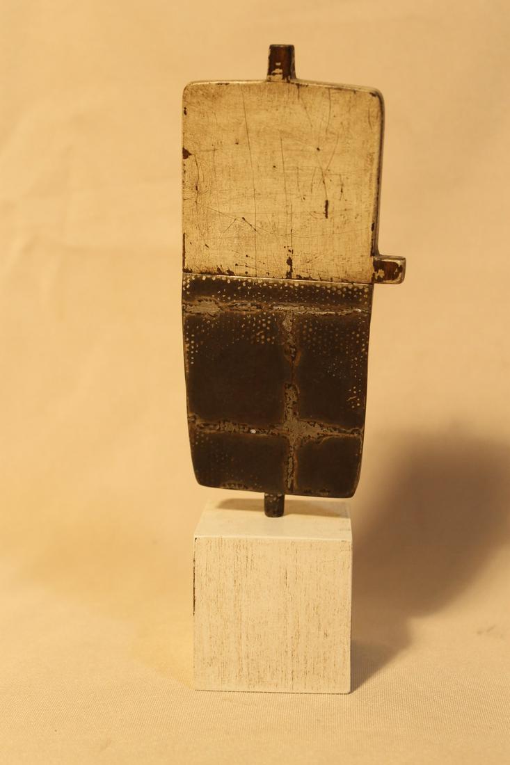 Jay Kelly, sculptor, untitiled #176 metal and wood on: Jay Kelly, sculptor, untitiled #176 metal and wood on wood stand paper label under base and dated 2009 size with stand 8" tall