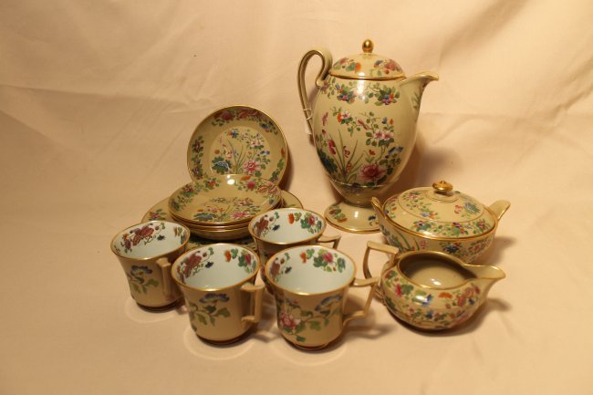 Lot of 13 pcs of Wedgwood "Drabware" tea service: Lot of 13 pcs of Wedgwood "Drabware" tea service including 4 cups, 4 bowls, 2 plates, covered sugar, creamer, and tea pot. All marked