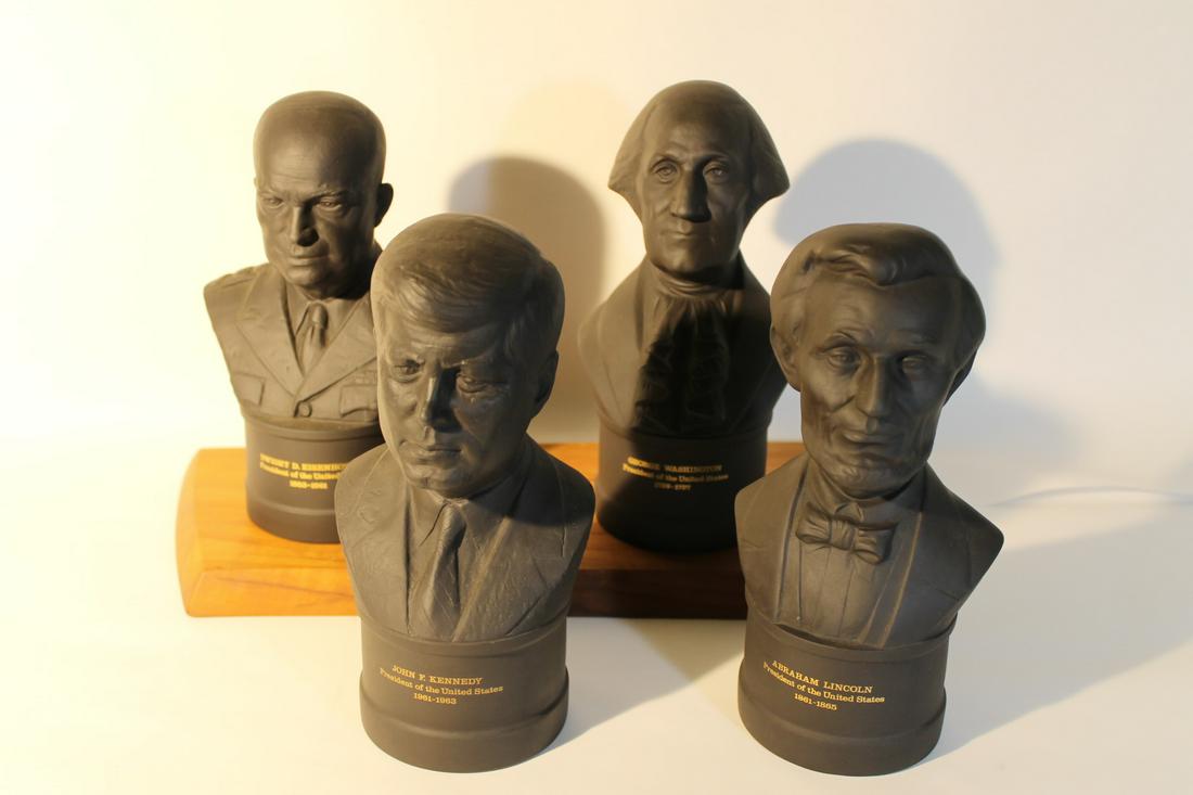1. John F. Kennedy2. Abe Lincoln3. Eisenhower4. George: 1. John F. Kennedy2. Abe Lincoln3. Eisenhower4. George Washington, all marked "made in England, wedgwood" sizes aprox. 8 1/2" tall