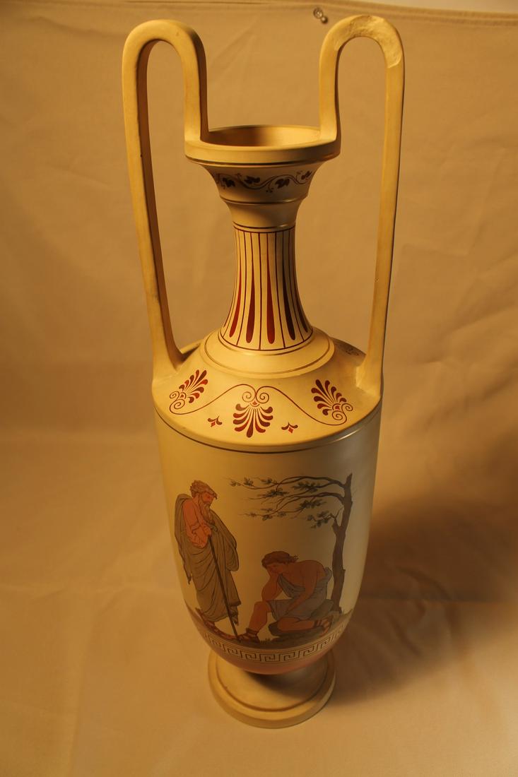 Double handled pottery vase, with greek motif, marked (1 of 5)