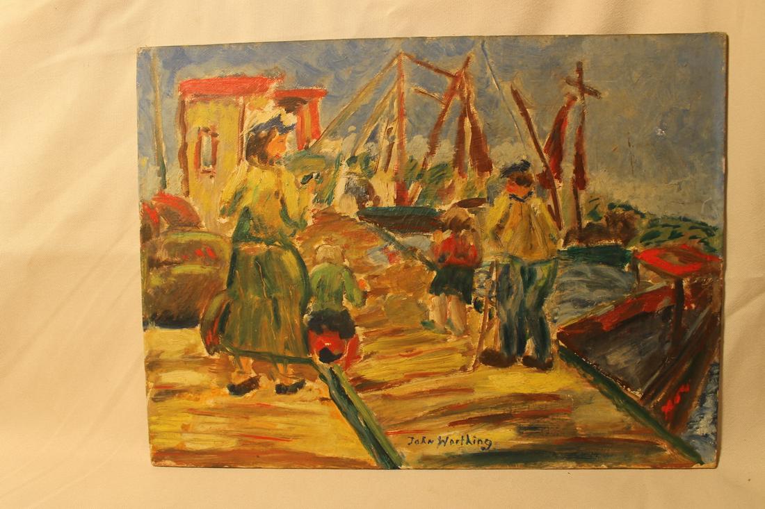Oil on canvasboard, dock scene, signed John Worthing, (1 of 5)
