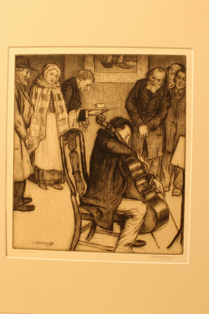Etching of a cellist, signed lower right Wm Strang, and (1 of 3)