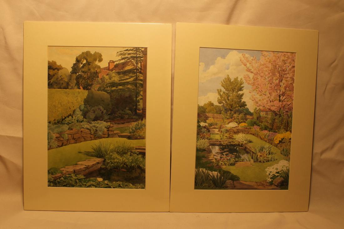 Lot of 2 garden scene watercolors, one signed lower (1 of 5)