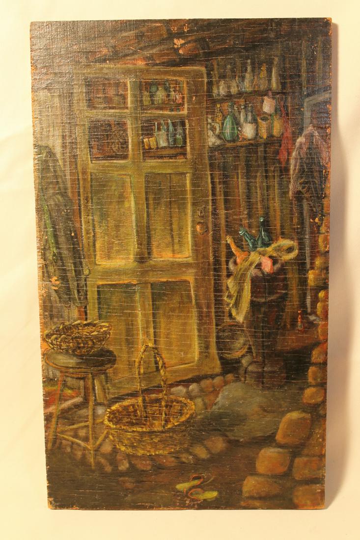 Unsigned oil on plywood, interior scene, size is 18" x (1 of 4)