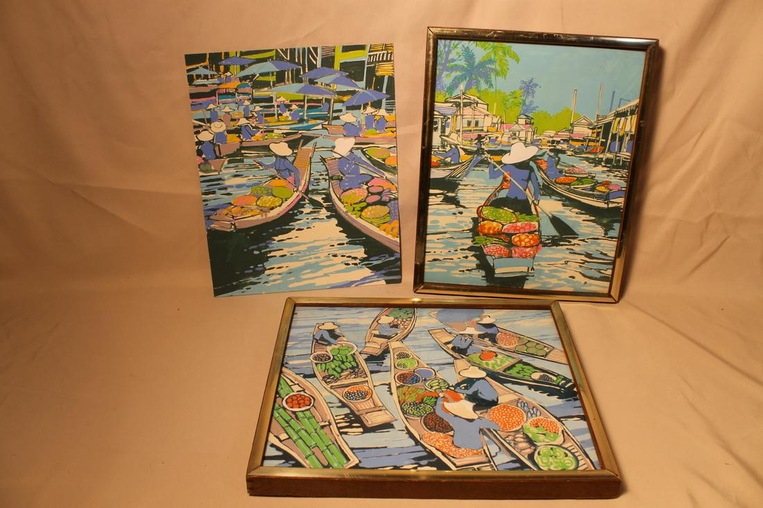 Lot of three framed asian watercolor and acrylic (1 of 4)