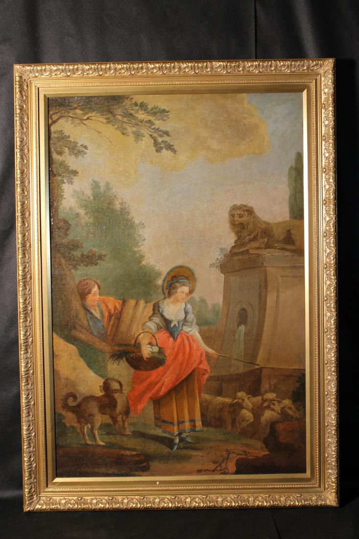 Late 18th, early 19th century framed oil painting of a: Late 18th, early 19th century framed oil painting of a boy and girl with sheep, unsigned 36" x 24" framed size 41 1/2" x 29 1/2"