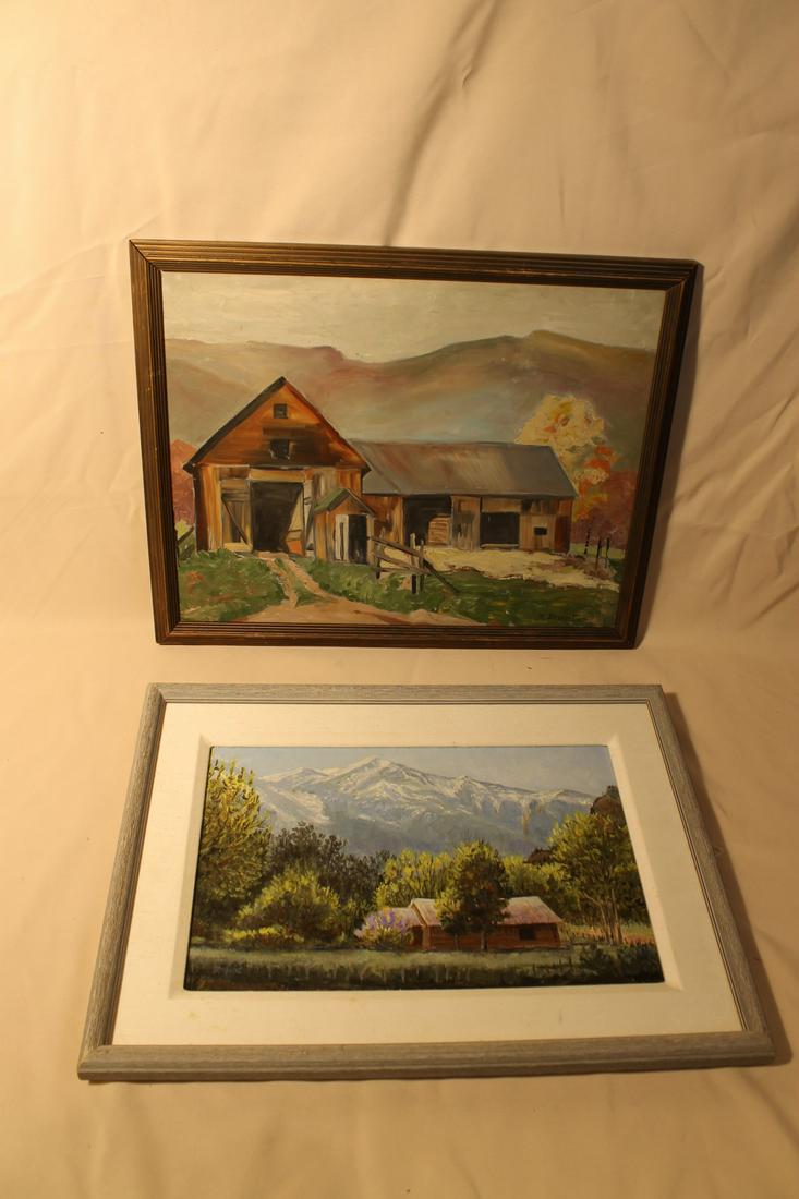1. Oil on masonite, signed lower right M. Stewart size: 1. Oil on masonite, signed lower right M. Stewart size 15 1/2' x 19 1/2"2. Oil on masonite house w/mountains in background signed lower left Rhode size is 14 1/2" x 19 1/2"
