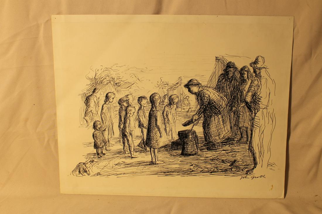 1930's Ink illustration titled "Hooverville and signed: 1930's Ink illustration titled "Hooverville and signed lower right "John Groth" ink on paper, size is 15 3/4" x 20"
