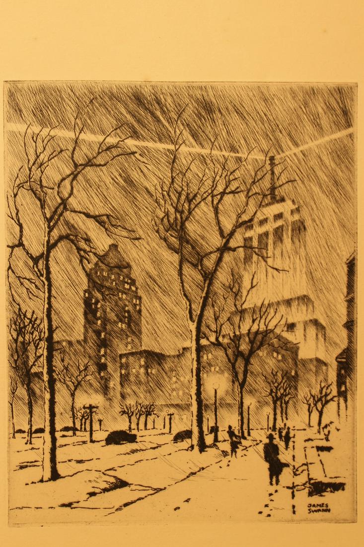 Etching signed James Swann, Chicago at night, sight (1 of 7)
