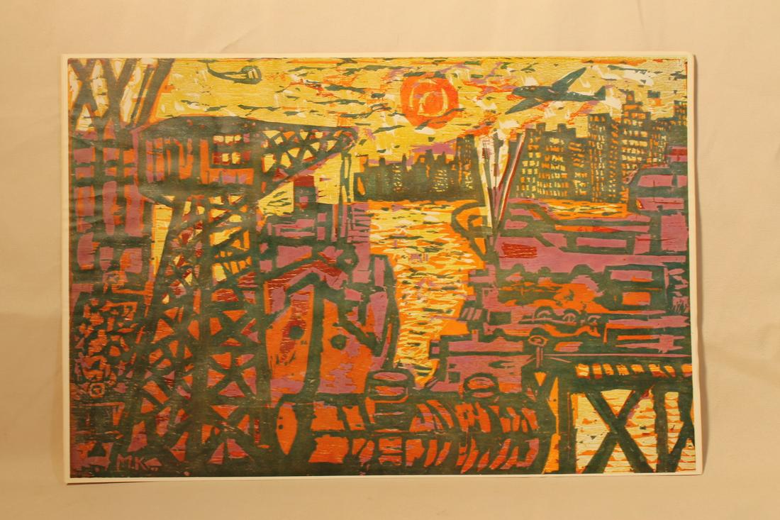 Lithograph by Max Kahn, industrial scene on edge of: Lithograph by Max Kahn, industrial scene on edge of water, size is 15" x 22"