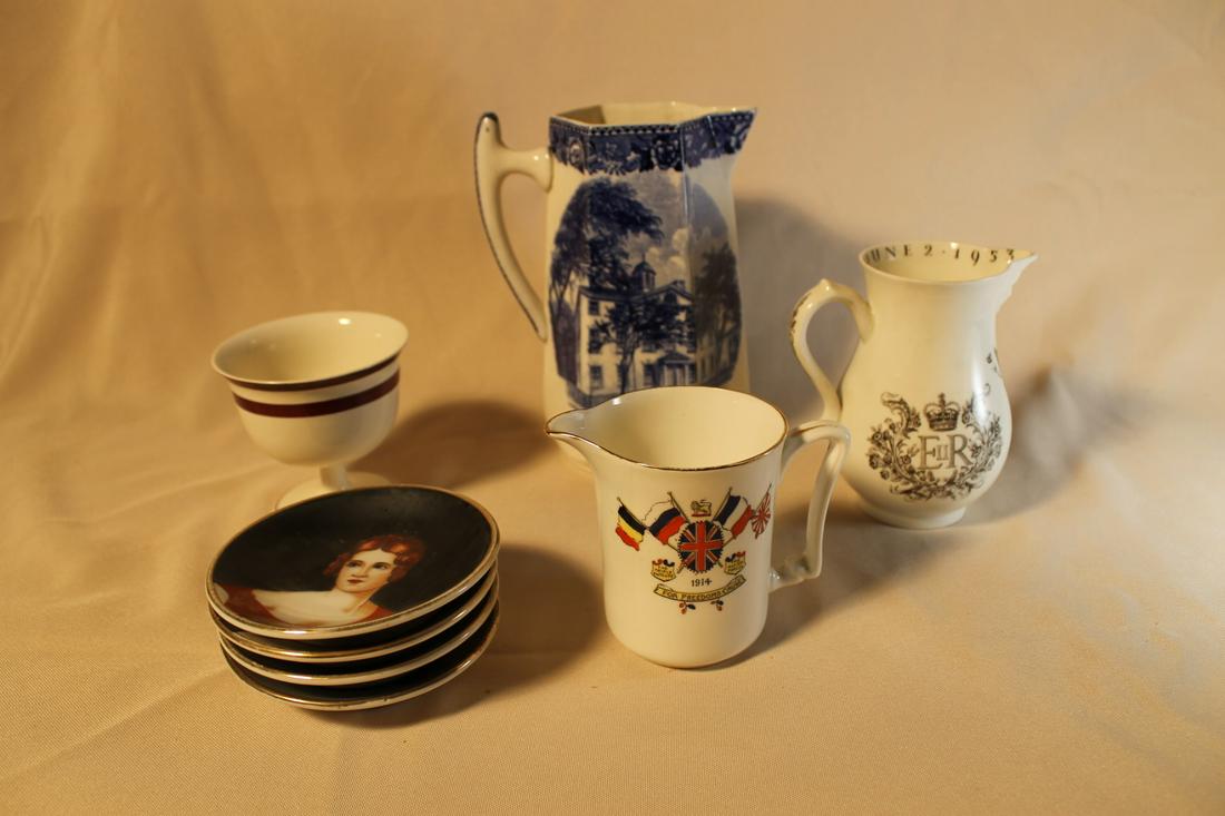 1. Wedgwood Marblehead pitcher 6 3/4" 2. Queen: 1. Wedgwood Marblehead pitcher 6 3/4" 2. Queen Elizabeth pitcher 4 1/2" 3. Sutherland pitcher 3 1/2" 4. small footed bowl 3 1/4" 5. Four portrait trays 4" diameter