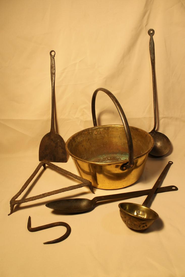1.Brass pot 12 1/2" diameter 2. Iron ladle 21" 3. Brass (1 of 6)