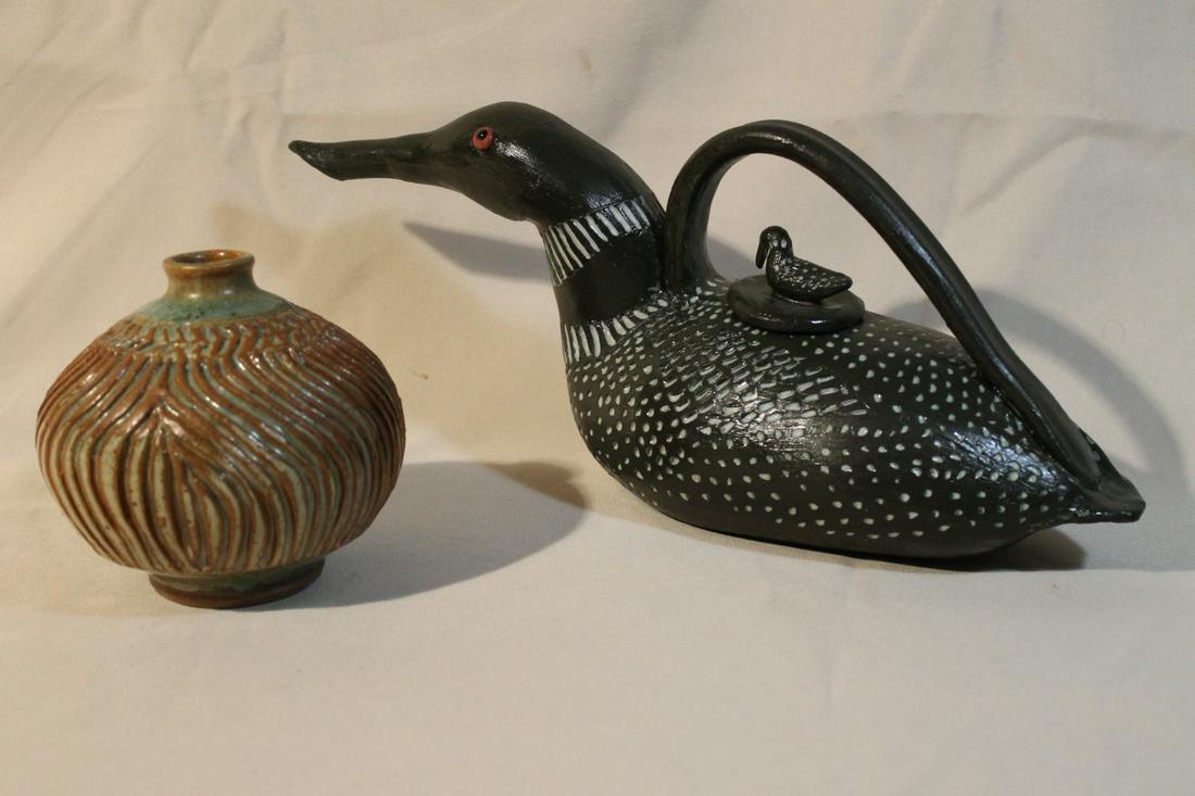 1. Ribbed clay vase, signed on base, 4 1/2" tall green (1 of 4)