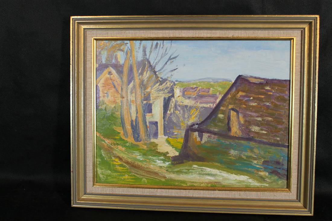 Oil on Masonite: Oil on masonite, village scene, signed on reverse "A. Damm" sight size is 12" x 16" overall framed size is 15" x 19"