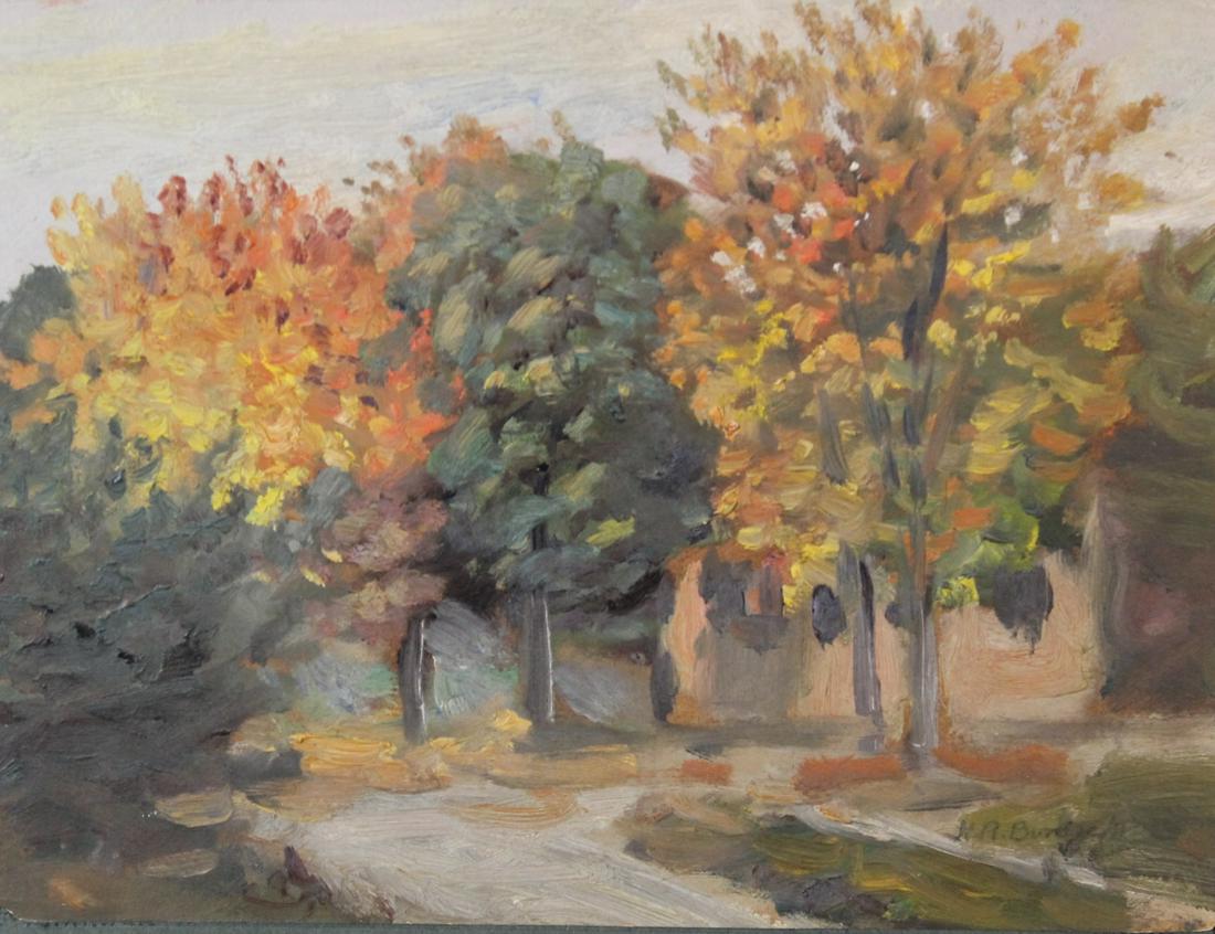 Horrice Robbins Burdick [Am. RI b.1844-d.1942]: Oil on paper laid down, landscape by Horrice Robbins Burdick S.L.R. reverse has label from the estate of Doris Burdick, Size is 7" x 9 1/2"