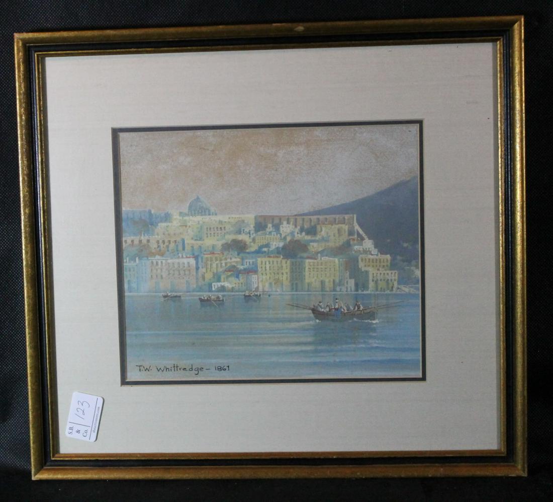 T. W. Whittridge, 1861: Chalk and white pigment drawing, signed in block print T.W. Whittridge and dated 1861, water scene by city, framed size 14" x 16"