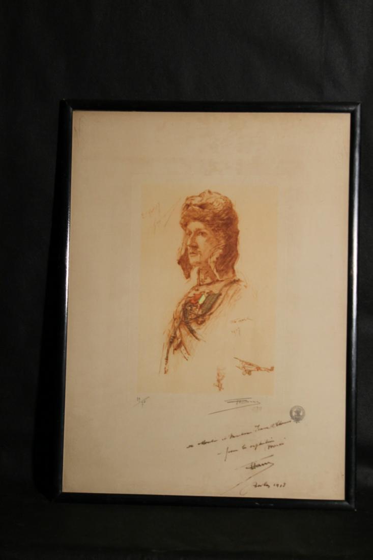 Henri Farre Print #39/70: World War I print #39/70 of an airman, pencil signed and dated 1917 lower right, has inscription and signature in French by Henri Farre, framed size is 24 1/2" x 18 1/4"
