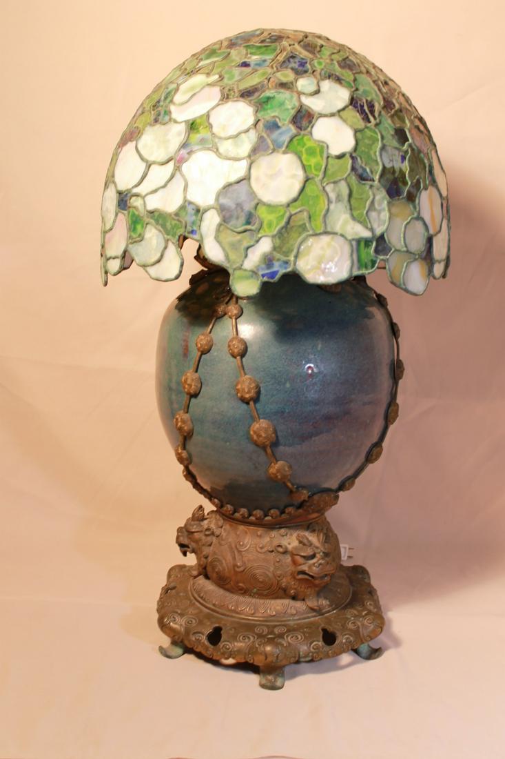 Very Large Pottery Lamp W/Stained Glass Shade (1 of 20)