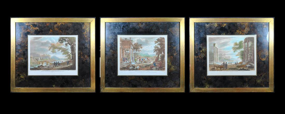 Claude Le Lorrain Delin 18th century: Lot of 3 colored engravings published by John Boydell. Numbers 69, 3, and 1. Sight size 9" x 10 3/4", framed size 16 1/2" x 18 1/2"