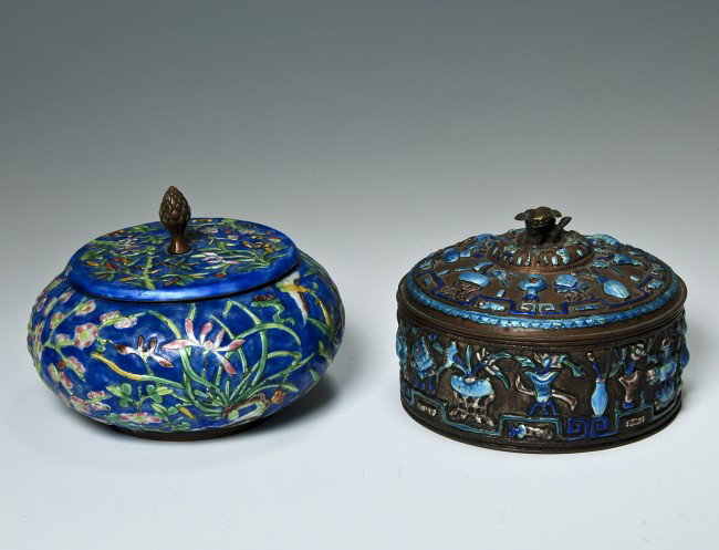 2 Champleve Covered Boxes.: 2 Champleve Covered Boxes.