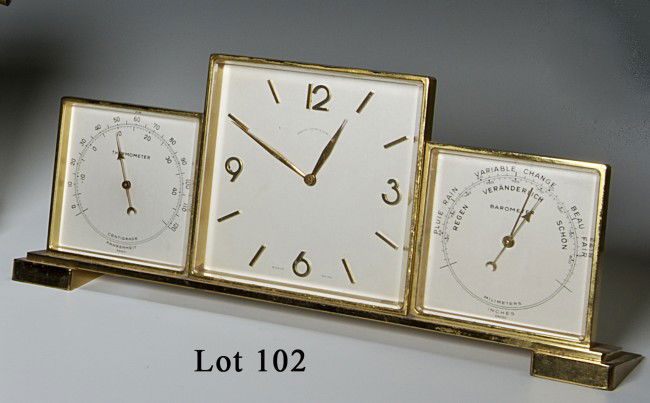 Shreve, Crump & Low 8 day table clock with tempera: Shreve, Crump & Low 8 day table clock with temperature & barometer, 4" tall x 10.5" wide.