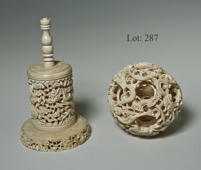 Ivory on bone carved puzzle ball, 6.5" tall, damag: Ivory on bone carved puzzle ball, 6.5" tall, damage to stem.