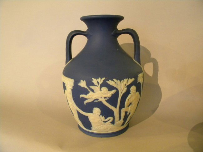 Wedgwood basalt Portland vase with Buffallopaper: Buffalo pottery 2 handled vase, stamped Wedgwood with a Buffalo pottery paper label. 8" tall classical motif