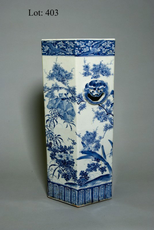 19th century hexagonal blue and white oriental um: 19th century hexagonal blue and white oriental umbrella stand [has damage]