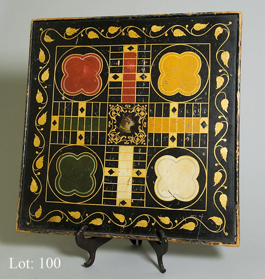 Elisha Otis Handpainted Game Board: Game board signed December 25th and dated 1877. Provenance: hand made by John Hall, inventor and engineer for Elisha Otis, [Otis Elevator Co.] and handed down through the family.