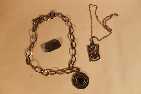 Jorgen Jensen, & R. Tennesmed Jewelry: 1. Brooch pin, 2 1/4" long rectangular pattern, and necklace, 32" with 2 1/2" pendant, signed Jorgen Jensen, along with a necklace, signed R. Tennesmed, Sweden