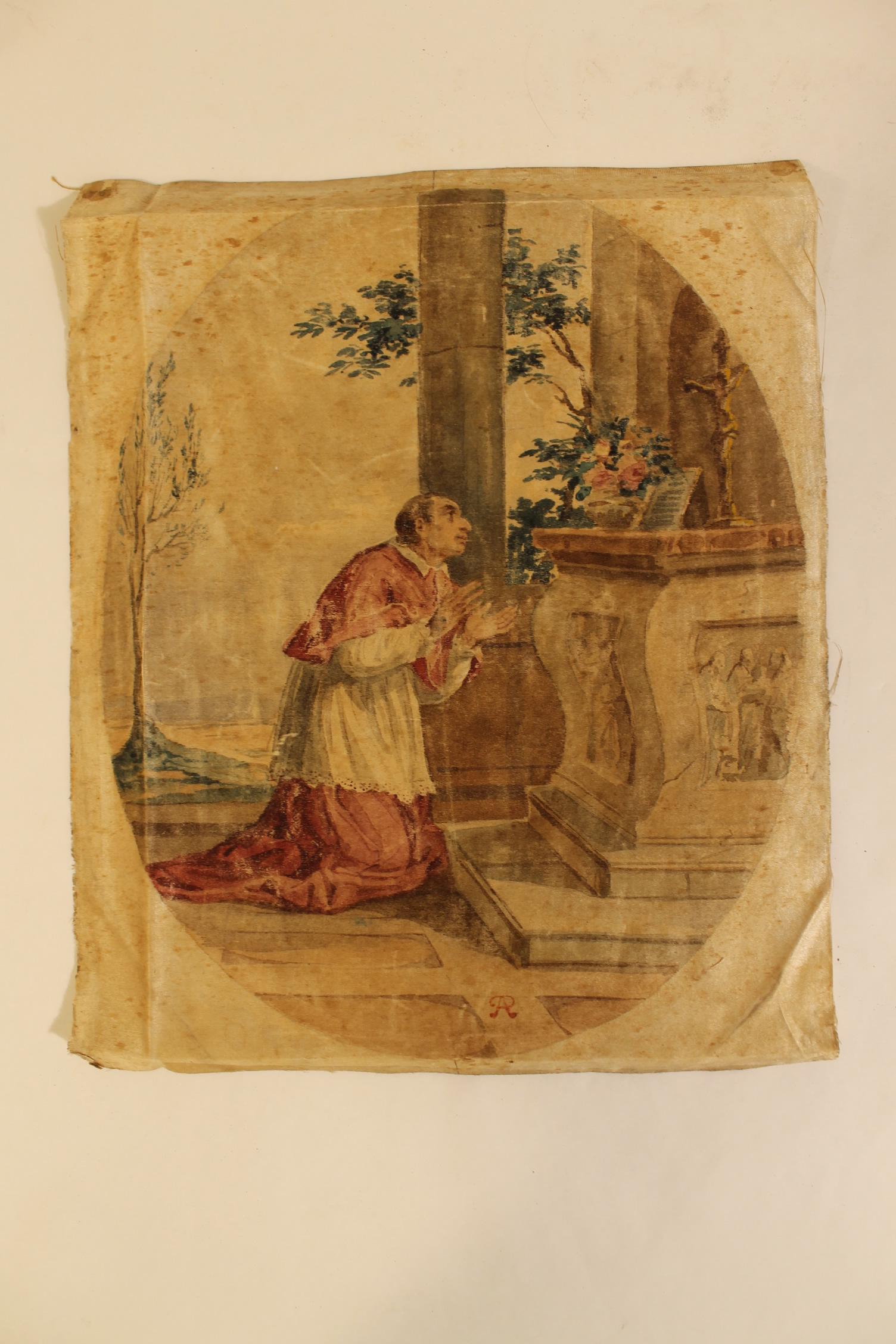Ptg on Silk, Monogram Signature AR: Exterior scene, watercolor on silk with monogram signature AR, religious figure kneeling to pray, size is 11 1/2" x 9"