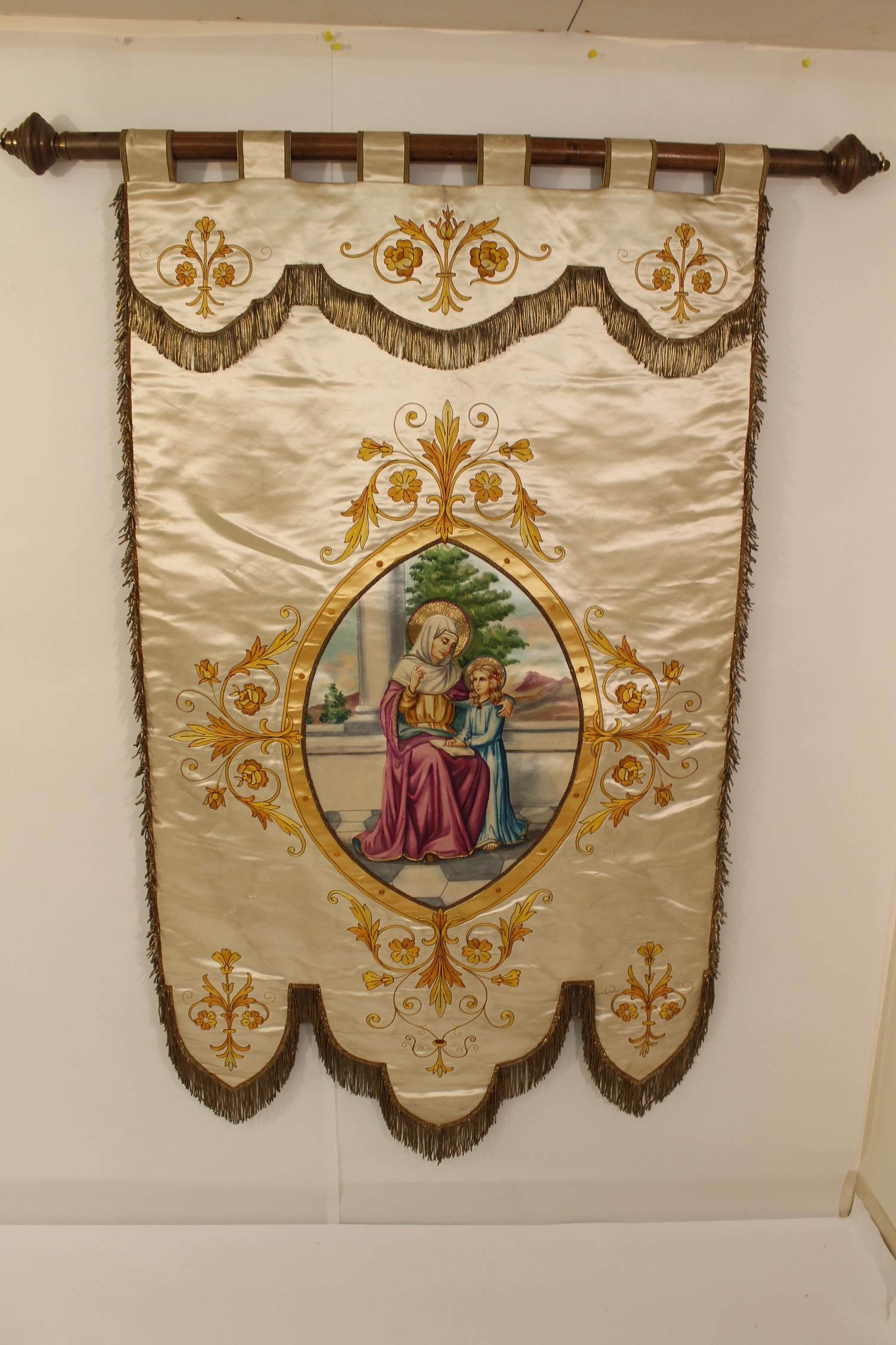 Brocade Tapestry w/Center Medalion: Hand Ptd, vintage tapestry, Virgin Mary and child in outdoor scene, Hangs on brass capped wooden rod 62" tall by 35" wide.