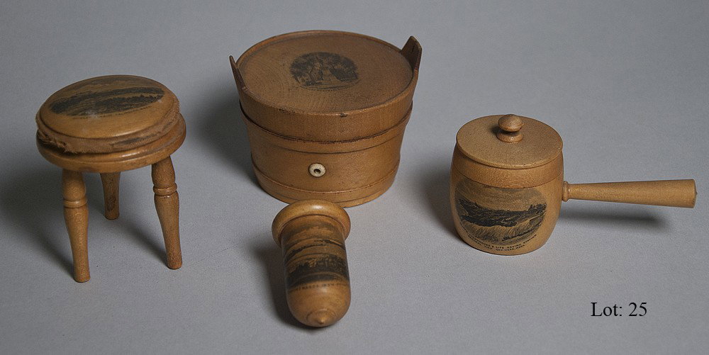 Souvenir sewing accessories: Four pieces of American souvenir treenware sewing accessories including thimble case, bobbin dispenser, pincusion and thimble pot.