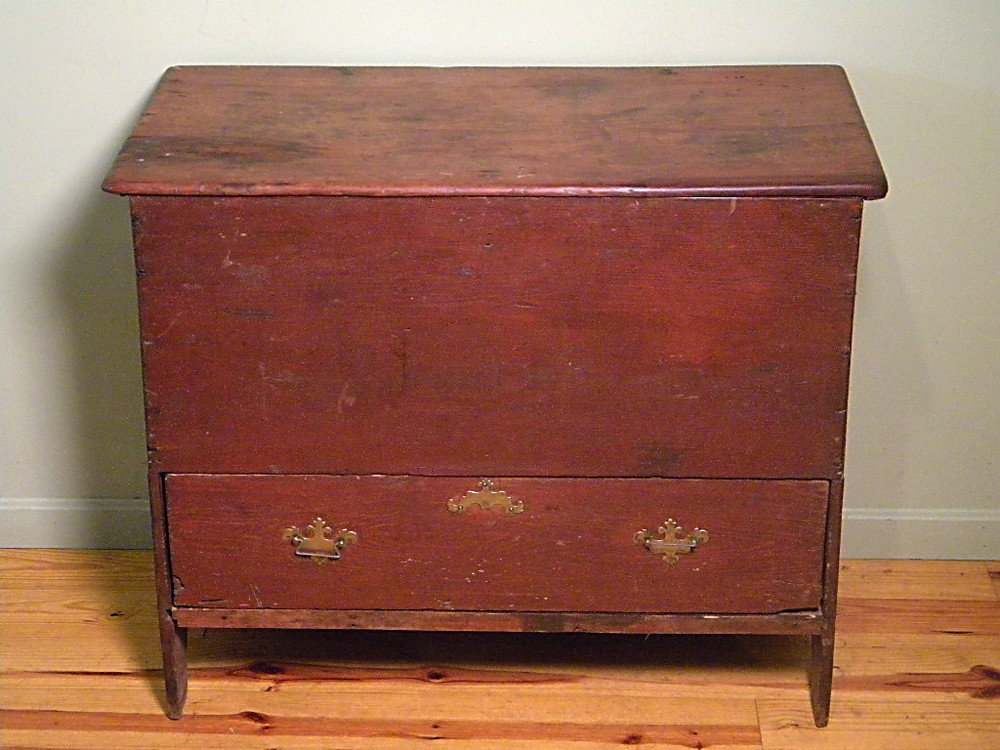 Early red painted 1 drawer blanket chest: Early red painted 1 drawer blanket chest w/cotter pinned hinged top