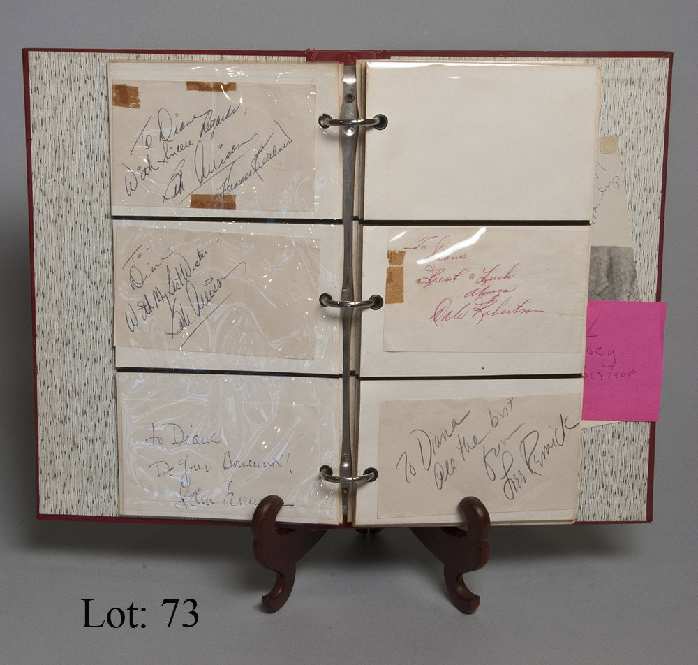 Autograph book, 1950's: Autograph book, 1950's with 45+ signatures: Jayne Mansfield, Richard Burton, Elizabeth Taylor, Alan Young & Mister Ed, Connie Frances, Harmon Killebrew, Sal Mineo, Natalie Wood, Carmen Lombardo, James