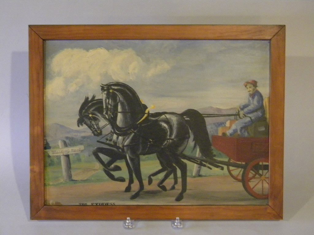 lot of 2 primitive oils, both 15 x 20 with Bellows: lot of 2 primitive oils, both 15 x 20 with Bellows Falls theme. St. Johnsbury Truck and The Express going to Bellows Falls