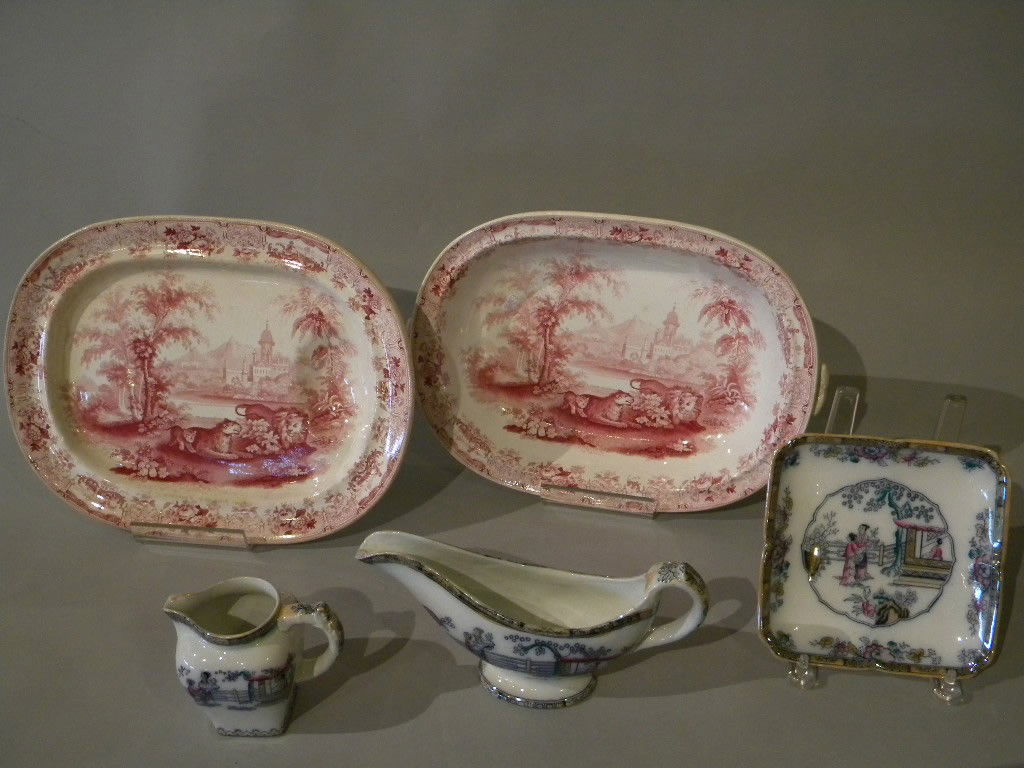 lot of 5 transfer pcs "Africa" pattern English por: lot of 5 transfer pcs "Africa" pattern English porcelain 1. 14" platter 2. 14" double handled platter 3. Pitcher 4. Gravy boat 5. Square dish, Condition minimal wear to underside of rims, meat platter