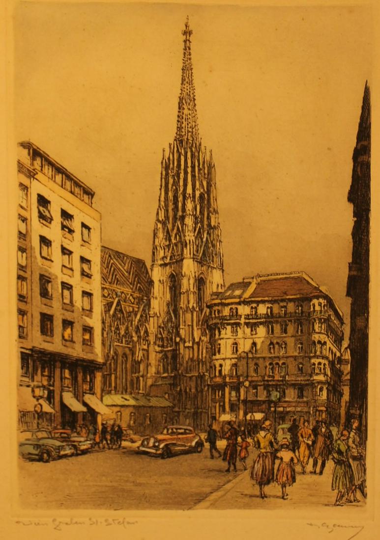 Colored Etching, Street Scene (1 of 4)