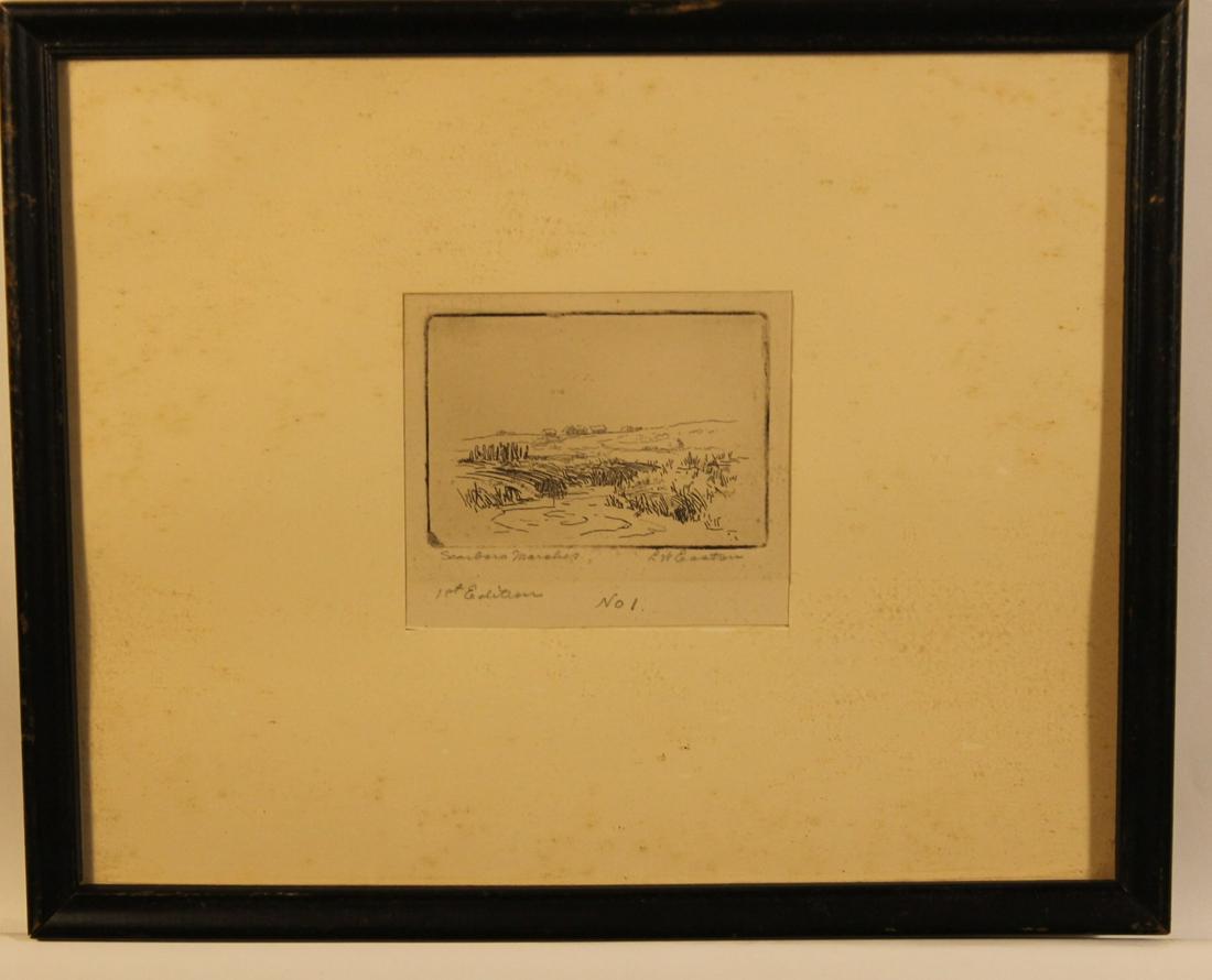 Linwood Easton "Scarboro Marshes": First edition "Scarboro Marshes" size 3 1/4" x 3 1/2", sight, framed under glass, NRFF
