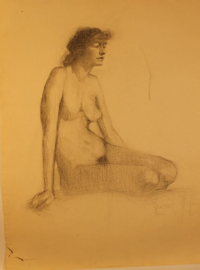 Charcoal Drawing of a Nude: Charcoal drawing of a sitting nude signed lower right illegibly, watermark L. [Lalanne] Berville France, unframed, sheet size 25" x 18 1/2"