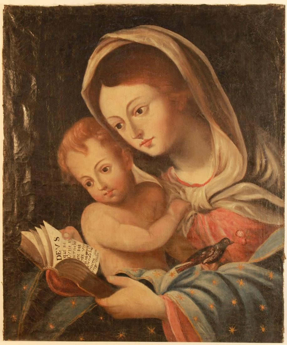 Madonna & Child Oil on Canvas: Oil on canvas laid down on masonite, 24" x 20" Madonna and child with bible, may have been cut down from a larger canvas.