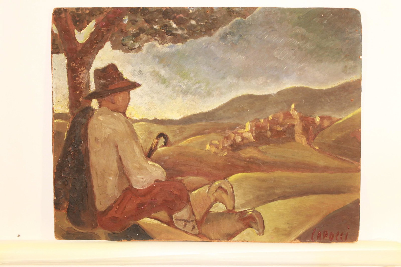 OIL ON Masonite signed Capocci: Sheep & Herdsman, overlooking town, SLR Capocci, size 12" x 16" oil on masonite, unframed