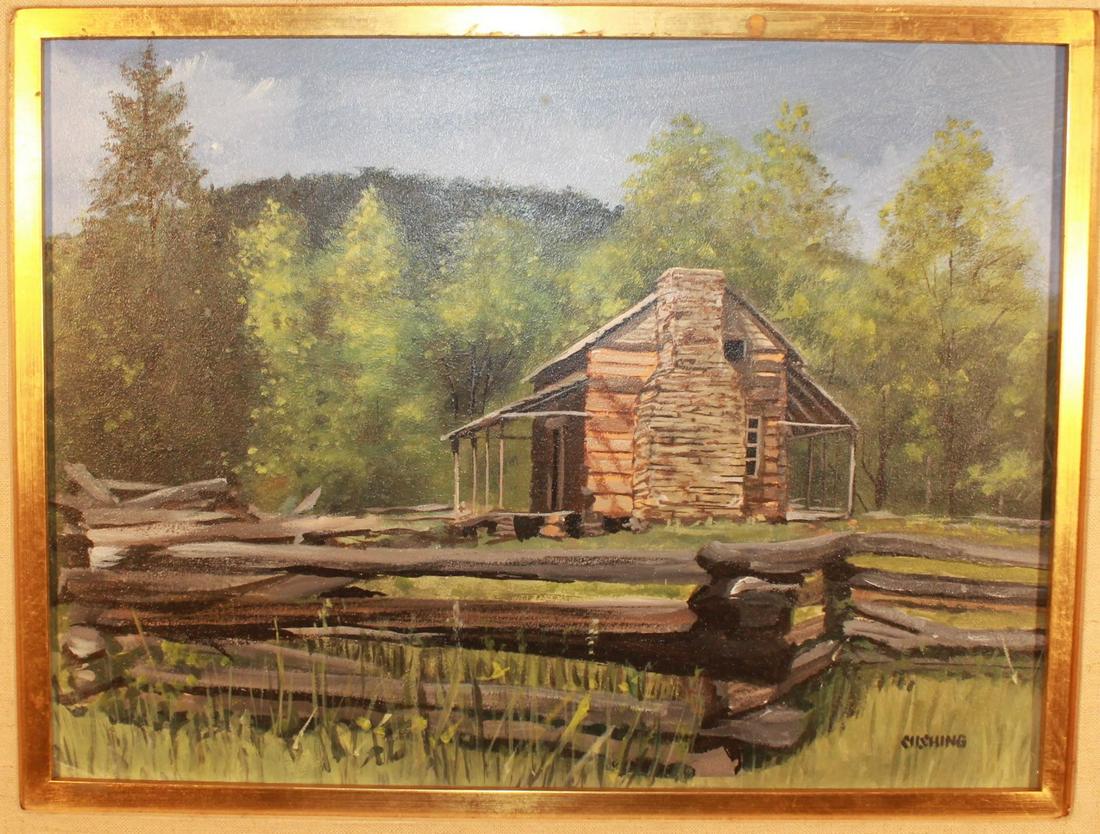 Oil, Tom Cushing, [am. Chicago]: Oil on canvas board, homestead scene, size 12" x 16", framed under glass, card on reverse side