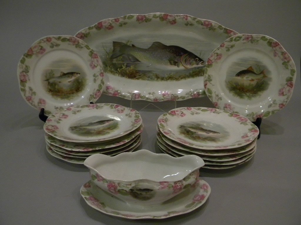 Bavarian Fish Set: including serving tray, sauce boat, and 12 plates