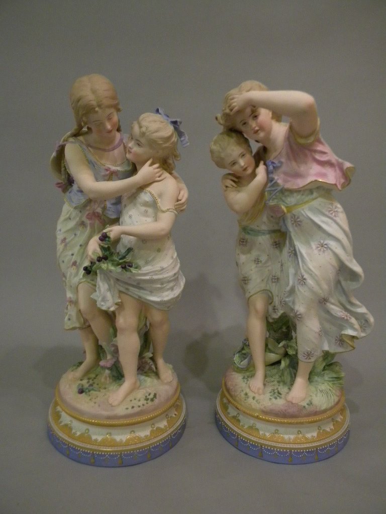 Pr of Parian Porcelain Figures: Sisters, H.A. & R. L. incised mark, 21 3/4" tall