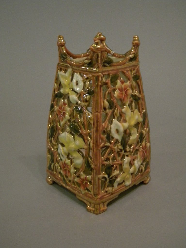 Zsolnay Pottery pierced Vase: Square vase, size is 7 1/2" tall